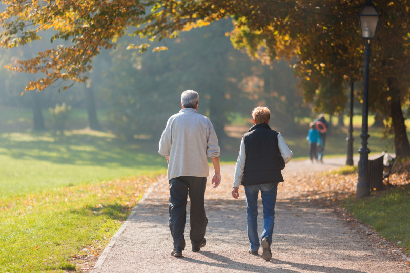 Two elderly individuals strolling